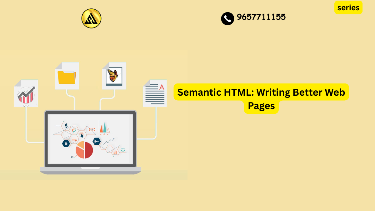 Developer reviewing semantic HTML structure with header nav main and footer elements on a code editor screen