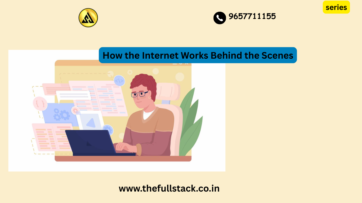 Diagram showing how the internet works behind the scenes with data traveling through routers and servers