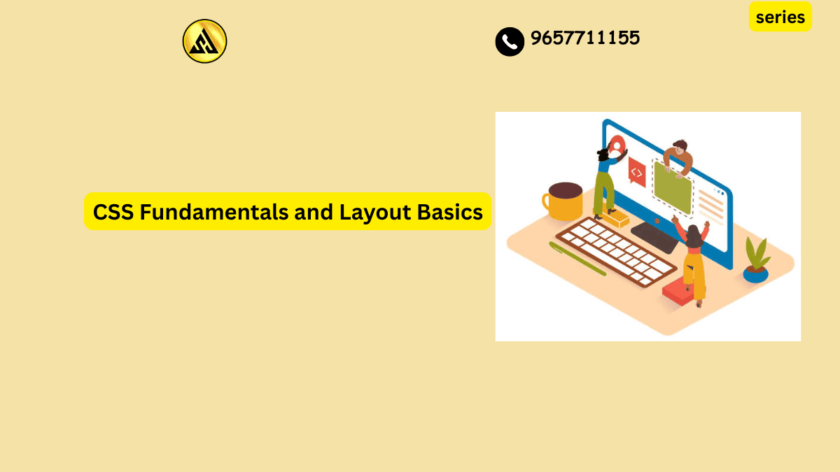 Illustration explaining CSS fundamentals and layout basics with box model and grid examples