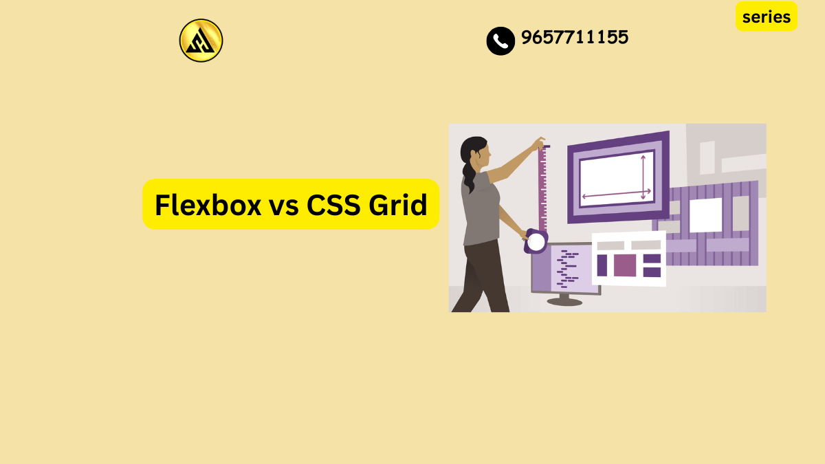 Flexbox vs CSS Grid layout comparison diagram showing one dimensional and two dimensional structures